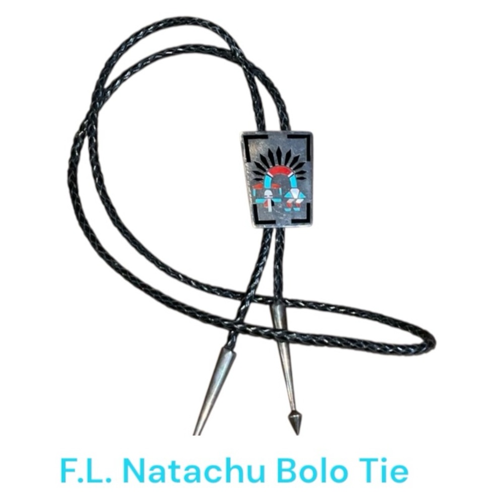 F.L. Natachu Sterling Silver and Inlay Stones Rainbow Man Bolo Tie Vintage Zuni